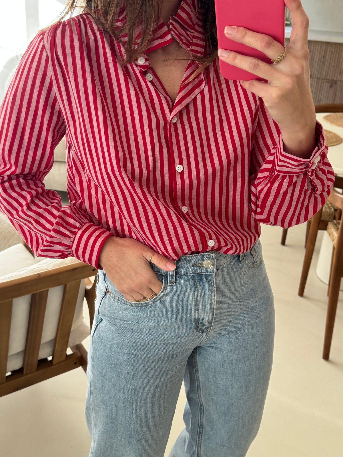 Chemise rayé rouge col volanté femme