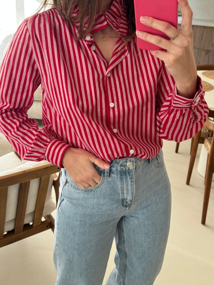 Chemise rayé rouge col volanté femme