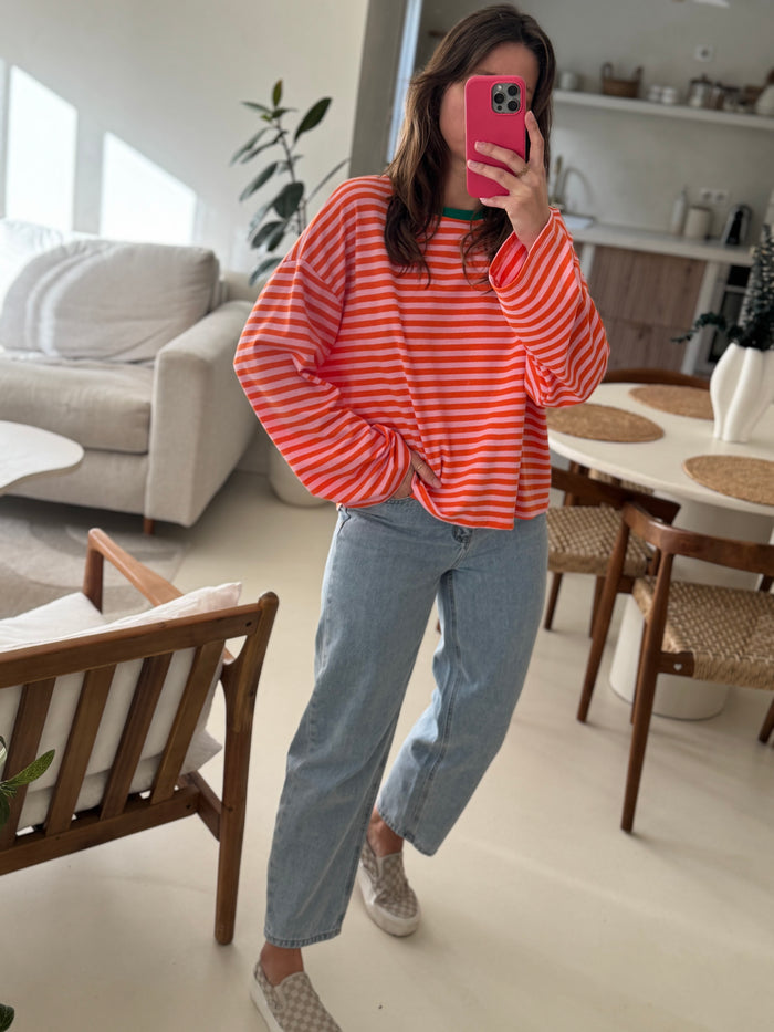 T-shirt rayé orange et rose femme
