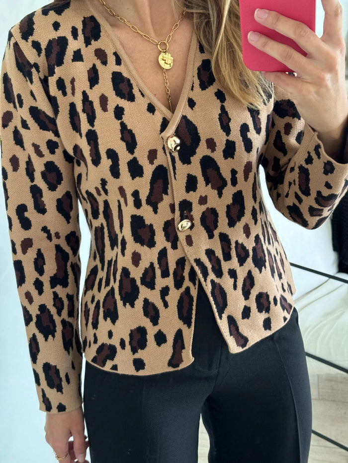 La tenue par virginie - gilet - léopard - boutons dorés - cintré - ajusté - col v - look casual - look bureau - look soirée - tenue casual - tenue soirée - tenue bureau - camel - noir - marron - doré - porté de face