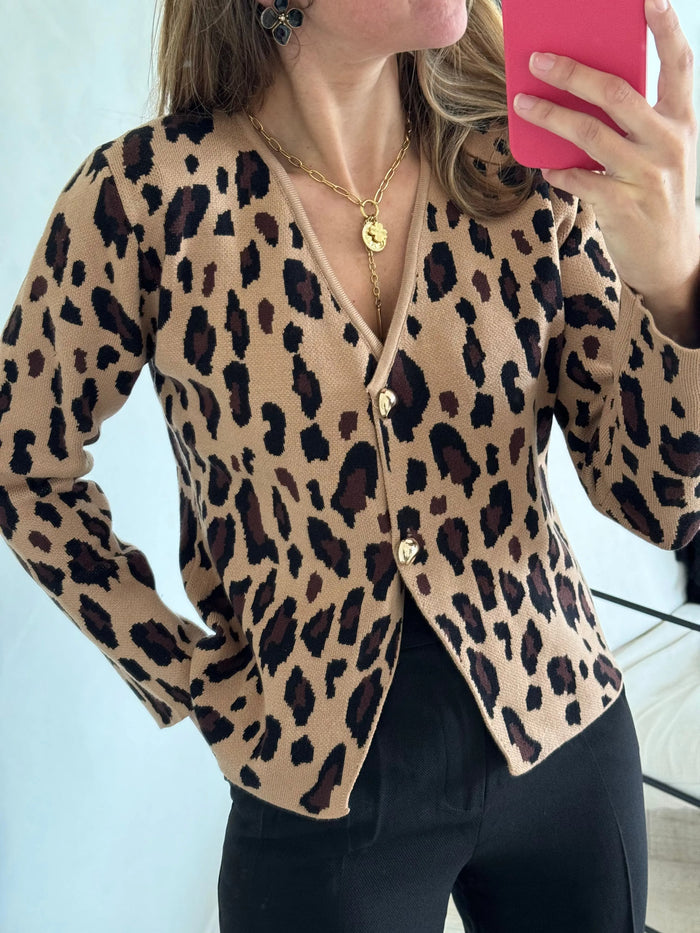 La tenue par virginie - gilet - léopard - boutons dorés - cintré - ajusté - col v - look casual - look bureau - look soirée - tenue casual - tenue soirée - tenue bureau - camel - noir - marron - doré - porté de face 